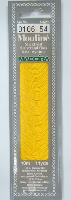 10 m Art. 017 100 % mercerised stranded cotton MADEIRAs stylish 6 strand cotton floss is made from finest high quality long staple Egyptian cotton. Only this special Egyptian cotton guarantees the beautiful softness and lustre found in Madeira Mouliné. It is dyed by using processes that do not involve any carcinogens or banned AZO dyestuffs. The result is a superb quality thread which is fast in colour and fully washable to 95°C (210 F).