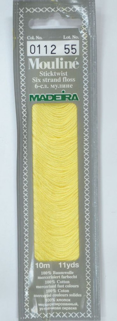 10 m Art. 017 100 % mercerised stranded cotton MADEIRAs stylish 6 strand cotton floss is made from finest high quality long staple Egyptian cotton. Only this special Egyptian cotton guarantees the beautiful softness and lustre found in Madeira Mouliné. It is dyed by using processes that do not involve any carcinogens or banned AZO dyestuffs. The result is a superb quality thread which is fast in colour and fully washable to 95°C (210 F).