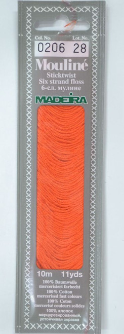 10 m Art. 017 100 % mercerised stranded cotton MADEIRAs stylish 6 strand cotton floss is made from finest high quality long staple Egyptian cotton. Only this special Egyptian cotton guarantees the beautiful softness and lustre found in Madeira Mouliné. It is dyed by using processes that do not involve any carcinogens or banned AZO dyestuffs. The result is a superb quality thread which is fast in colour and fully washable to 95°C (210 F).