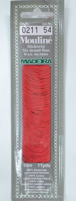 10 m Art. 017 100 % mercerised stranded cotton MADEIRAs stylish 6 strand cotton floss is made from finest high quality long staple Egyptian cotton. Only this special Egyptian cotton guarantees the beautiful softness and lustre found in Madeira Mouliné. It is dyed by using processes that do not involve any carcinogens or banned AZO dyestuffs. The result is a superb quality thread which is fast in colour and fully washable to 95°C (210 F).