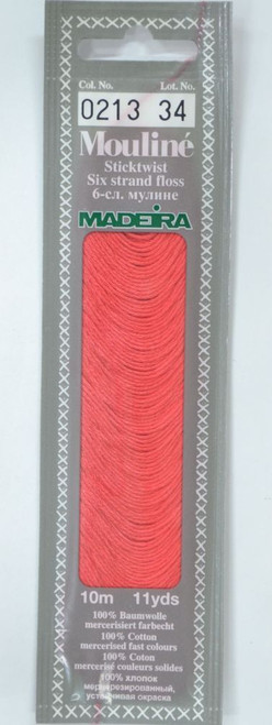 10 m Art. 017 100 % mercerised stranded cotton MADEIRAs stylish 6 strand cotton floss is made from finest high quality long staple Egyptian cotton. Only this special Egyptian cotton guarantees the beautiful softness and lustre found in Madeira Mouliné. It is dyed by using processes that do not involve any carcinogens or banned AZO dyestuffs. The result is a superb quality thread which is fast in colour and fully washable to 95°C (210 F).