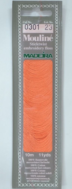 10 m Art. 017 100 % mercerised stranded cotton MADEIRAs stylish 6 strand cotton floss is made from finest high quality long staple Egyptian cotton. Only this special Egyptian cotton guarantees the beautiful softness and lustre found in Madeira Mouliné. It is dyed by using processes that do not involve any carcinogens or banned AZO dyestuffs. The result is a superb quality thread which is fast in colour and fully washable to 95°C (210 F).