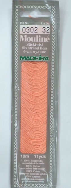 10 m Art. 017 100 % mercerised stranded cotton MADEIRAs stylish 6 strand cotton floss is made from finest high quality long staple Egyptian cotton. Only this special Egyptian cotton guarantees the beautiful softness and lustre found in Madeira Mouliné. It is dyed by using processes that do not involve any carcinogens or banned AZO dyestuffs. The result is a superb quality thread which is fast in colour and fully washable to 95°C (210 F).