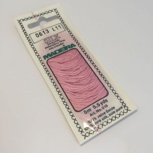 5 m (5.5 yds) Art. 018
100 % pure silk 4-strand embroidery floss

Silk is the queen of all natural fibres and adds a lovely soft and luxurious lustre to your stitching.  Try Silk instead of using cotton floss and see dreams come true with the most valuable hand embroidery thread.

Silk is available in a practical non-polluting 5 m spiral pack which keeps the valuable silk thread clean and tangle free.