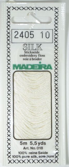 5 m (5.5 yds) Art. 018
100 % pure silk 4-strand embroidery floss

Silk is the queen of all natural fibres and adds a lovely soft and luxurious lustre to your stitching.  Try Silk instead of using cotton floss and see dreams come true with the most valuable hand embroidery thread.

Silk is available in a practical non-polluting 5 m spiral pack which keeps the valuable silk thread clean and tangle free.