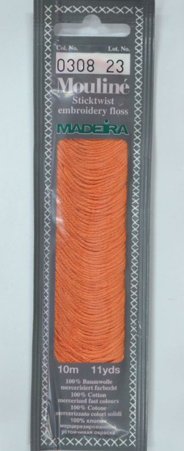 10 m Art. 017 100 % mercerised stranded cotton MADEIRAs stylish 6 strand cotton floss is made from finest high quality long staple Egyptian cotton. Only this special Egyptian cotton guarantees the beautiful softness and lustre found in Madeira Mouliné. It is dyed by using processes that do not involve any carcinogens or banned AZO dyestuffs. The result is a superb quality thread which is fast in colour and fully washable to 95°C (210 F).