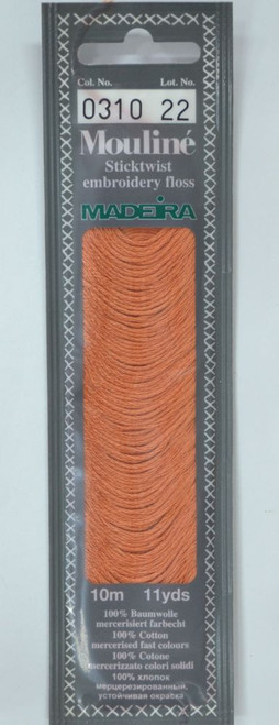 10 m Art. 017 100 % mercerised stranded cotton MADEIRAs stylish 6 strand cotton floss is made from finest high quality long staple Egyptian cotton. Only this special Egyptian cotton guarantees the beautiful softness and lustre found in Madeira Mouliné. It is dyed by using processes that do not involve any carcinogens or banned AZO dyestuffs. The result is a superb quality thread which is fast in colour and fully washable to 95°C (210 F).