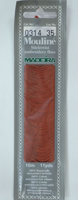 10 m Art. 017 100 % mercerised stranded cotton MADEIRAs stylish 6 strand cotton floss is made from finest high quality long staple Egyptian cotton. Only this special Egyptian cotton guarantees the beautiful softness and lustre found in Madeira Mouliné. It is dyed by using processes that do not involve any carcinogens or banned AZO dyestuffs. The result is a superb quality thread which is fast in colour and fully washable to 95°C (210 F).