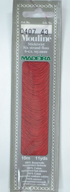 10 m Art. 017 100 % mercerised stranded cotton MADEIRAs stylish 6 strand cotton floss is made from finest high quality long staple Egyptian cotton. Only this special Egyptian cotton guarantees the beautiful softness and lustre found in Madeira Mouliné. It is dyed by using processes that do not involve any carcinogens or banned AZO dyestuffs. The result is a superb quality thread which is fast in colour and fully washable to 95°C (210 F).