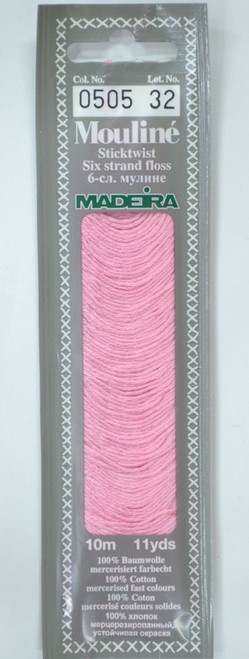 10 m Art. 017 100 % mercerised stranded cotton MADEIRAs stylish 6 strand cotton floss is made from finest high quality long staple Egyptian cotton. Only this special Egyptian cotton guarantees the beautiful softness and lustre found in Madeira Mouliné. It is dyed by using processes that do not involve any carcinogens or banned AZO dyestuffs. The result is a superb quality thread which is fast in colour and fully washable to 95°C (210 F).