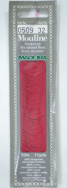 10 m Art. 017 100 % mercerised stranded cotton MADEIRAs stylish 6 strand cotton floss is made from finest high quality long staple Egyptian cotton. Only this special Egyptian cotton guarantees the beautiful softness and lustre found in Madeira Mouliné. It is dyed by using processes that do not involve any carcinogens or banned AZO dyestuffs. The result is a superb quality thread which is fast in colour and fully washable to 95°C (210 F).