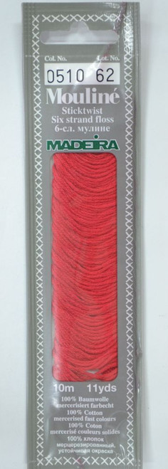 10 m Art. 017 100 % mercerised stranded cotton MADEIRA's stylish 6 strand cotton floss is made from finest high quality long staple Egyptian cotton. Only this special Egyptian cotton guarantees the beautiful softness and lustre found in Madeira Mouliné. It is dyed by using processes that do not involve any carcinogens or banned AZO dyestuffs. The result is a superb quality thread which is fast in colour and fully washable to 95°C (210 F).