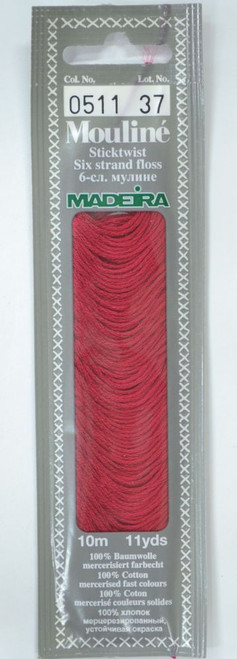 10 m Art. 017 100 % mercerised stranded cotton MADEIRAs stylish 6 strand cotton floss is made from finest high quality long staple Egyptian cotton. Only this special Egyptian cotton guarantees the beautiful softness and lustre found in Madeira Mouliné. It is dyed by using processes that do not involve any carcinogens or banned AZO dyestuffs. The result is a superb quality thread which is fast in colour and fully washable to 95°C (210 F).