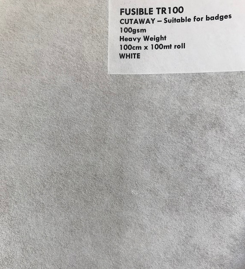 This is a heavyweight (100gsm) permanent fusible backing. The TR100 has a permanent glue and resists wrinkling when pressed, giving a flat and very firm finish.

It is highly recommended as it can be used to stiffen material for badge/monogram manufacturing.