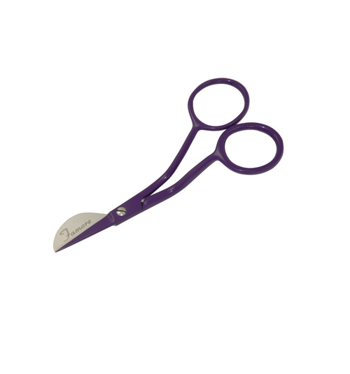 Nice little cosmetic feature, Purple Duck Bill Scissors.
Perfect tool for professional art educators.
Large rings and curved handles allow for precise hoop work. 
The .5 inch duck bill provides a high degree of precision making it easy to trim around edges. 
Being joined with a screw and bolt enables adjusting, repair and sharpening of the scissors.