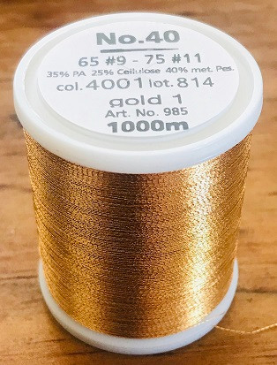 FS 40 is the standard weight metallic thread. It is suitable for sophisticated embroidery designs onto elaborate materials. Made with real silver.

High performance, smooth, traditional thickness with high tenacity and a special twist, in valuable metal shades and multicolours. Ultimate results for all styles. Standard weight smooth, supple embroidery thread ensures trouble free stitching even at high speeds.