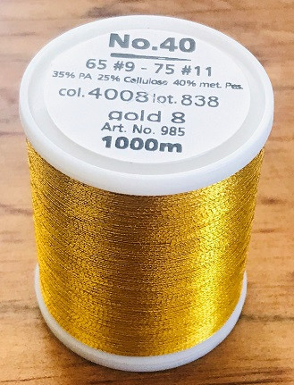 FS 40 is the standard weight metallic thread. It is suitable for sophisticated embroidery designs onto elaborate materials. Made with real silver.

High performance, smooth, traditional thickness with high tenacity and a special twist, in valuable metal shades and multicolours. Ultimate results for all styles. Standard weight smooth, supple embroidery thread ensures trouble free stitching even at high speeds.