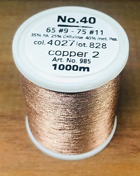 FS 40 is the standard weight metallic thread. It is suitable for sophisticated embroidery designs onto elaborate materials. Made with real silver.

High performance, smooth, traditional thickness with high tenacity and a special twist, in valuable metal shades and multicolours. Ultimate results for all styles. Standard weight smooth, supple embroidery thread ensures trouble free stitching even at high speeds.
