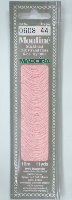 10 m Art. 017 100 % mercerised stranded cotton MADEIRAs stylish 6 strand cotton floss is made from finest high quality long staple Egyptian cotton. Only this special Egyptian cotton guarantees the beautiful softness and lustre found in Madeira Mouliné. It is dyed by using processes that do not involve any carcinogens or banned AZO dyestuffs. The result is a superb quality thread which is fast in colour and fully washable to 95°C (210 F).