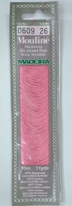 10 m Art. 017 100 % mercerised stranded cotton MADEIRAs stylish 6 strand cotton floss is made from finest high quality long staple Egyptian cotton. Only this special Egyptian cotton guarantees the beautiful softness and lustre found in Madeira Mouliné. It is dyed by using processes that do not involve any carcinogens or banned AZO dyestuffs. The result is a superb quality thread which is fast in colour and fully washable to 95°C (210 F).