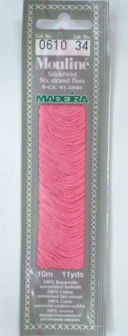 10 m Art. 017 100 % mercerised stranded cotton MADEIRAs stylish 6 strand cotton floss is made from finest high quality long staple Egyptian cotton. Only this special Egyptian cotton guarantees the beautiful softness and lustre found in Madeira Mouliné. It is dyed by using processes that do not involve any carcinogens or banned AZO dyestuffs. The result is a superb quality thread which is fast in colour and fully washable to 95°C (210 F).