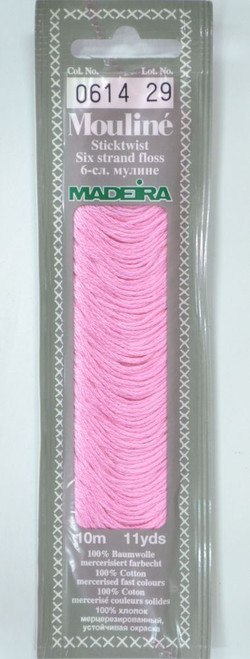 10 m Art. 017 100 % mercerised stranded cotton MADEIRAs stylish 6 strand cotton floss is made from finest high quality long staple Egyptian cotton. Only this special Egyptian cotton guarantees the beautiful softness and lustre found in Madeira Mouliné. It is dyed by using processes that do not involve any carcinogens or banned AZO dyestuffs. The result is a superb quality thread which is fast in colour and fully washable to 95°C (210 F).