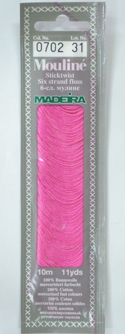 10 m Art. 017 100 % mercerised stranded cotton MADEIRAs stylish 6 strand cotton floss is made from finest high quality long staple Egyptian cotton. Only this special Egyptian cotton guarantees the beautiful softness and lustre found in Madeira Mouliné. It is dyed by using processes that do not involve any carcinogens or banned AZO dyestuffs. The result is a superb quality thread which is fast in colour and fully washable to 95°C (210 F).