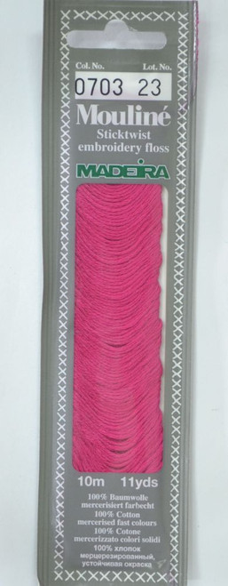 10 m Art. 017 100 % mercerised stranded cotton MADEIRAs stylish 6 strand cotton floss is made from finest high quality long staple Egyptian cotton. Only this special Egyptian cotton guarantees the beautiful softness and lustre found in Madeira Mouliné. It is dyed by using processes that do not involve any carcinogens or banned AZO dyestuffs. The result is a superb quality thread which is fast in colour and fully washable to 95°C (210 F).