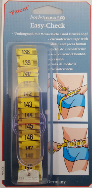 Great tape for measuring your own body measurements. Quick and accurate circumference measurement using the patented snap and sliding fastener.

Quality Polyfibre Fabric. Tape Yellow/White with graduation in black on one side: cm or analogival (cm+inch). Both ends with metal tips. 

Once you reach your measurement, you can press the button which will release the tape with the measurement marked by the slider. 

Each pack contains 150cm tape measure.