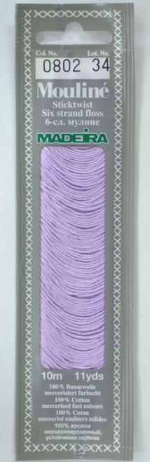 10 m Art. 017 100 % mercerised stranded cotton MADEIRAs stylish 6 strand cotton floss is made from finest high quality long staple Egyptian cotton. Only this special Egyptian cotton guarantees the beautiful softness and lustre found in Madeira Mouliné. It is dyed by using processes that do not involve any carcinogens or banned AZO dyestuffs. The result is a superb quality thread which is fast in colour and fully washable to 95°C (210 F).