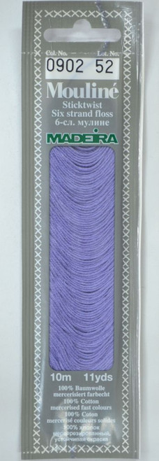 10 m Art. 017 100 % mercerised stranded cotton MADEIRAs stylish 6 strand cotton floss is made from finest high quality long staple Egyptian cotton. Only this special Egyptian cotton guarantees the beautiful softness and lustre found in Madeira Mouliné. It is dyed by using processes that do not involve any carcinogens or banned AZO dyestuffs. The result is a superb quality thread which is fast in colour and fully washable to 95°C (210 F).