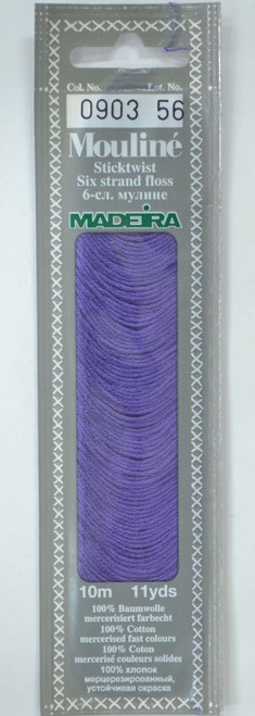 10 m Art. 017 100 % mercerised stranded cotton MADEIRA's stylish 6 strand cotton floss is made from finest high quality long staple Egyptian cotton. Only this special Egyptian cotton guarantees the beautiful softness and lustre found in Madeira Mouliné. It is dyed by using processes that do not involve any carcinogens or banned AZO dyestuffs. The result is a superb quality thread which is fast in colour and fully washable to 95°C (210 F).