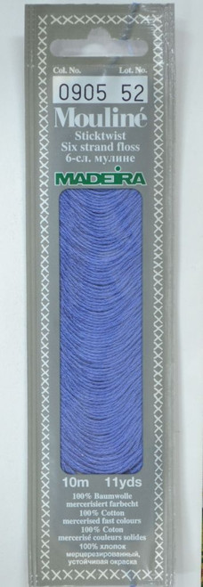 10 m Art. 017 100 % mercerised stranded cotton MADEIRAs stylish 6 strand cotton floss is made from finest high quality long staple Egyptian cotton. Only this special Egyptian cotton guarantees the beautiful softness and lustre found in Madeira Mouliné. It is dyed by using processes that do not involve any carcinogens or banned AZO dyestuffs. The result is a superb quality thread which is fast in colour and fully washable to 95°C (210 F).