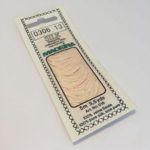 5 m (5.5 yds) Art. 018
100 % pure silk 4-strand embroidery floss

Silk is the queen of all natural fibres and adds a lovely soft and luxurious lustre to your stitching.  Try Silk instead of using cotton floss and see dreams come true with the most valuable hand embroidery thread.

Silk is available in a practical non-polluting 5 m spiral pack which keeps the valuable silk thread clean and tangle free.