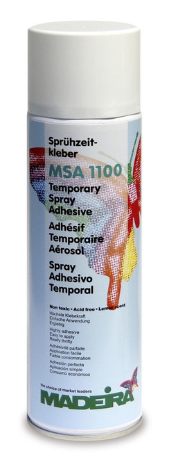 MSA 1100 Adhesive Spray is a temporary adhesive which temporarily bonds fabrics and fibres together, leaving them fully repositionable thus eliminating the need of pinning. An excellent aid for applique, embroidery, quilting, embellishment, stencilling or sewing and ideal for setting in zippers. Spray from the recommended distance - around 30cm - in short bursts. The adhesive action is sustained for one to two hours, enabling you to reposition your fabric after spraying. The adhesive effect disappears totally after 2 to 3 days or the spray can be washed out, leaving no residue.