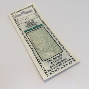 5 m (5.5 yds) Art. 018
100 % pure silk 4-strand embroidery floss

Silk is the queen of all natural fibres and adds a lovely soft and luxurious lustre to your stitching.  Try Silk instead of using cotton floss and see dreams come true with the most valuable hand embroidery thread.

Silk is available in a practical non-polluting 5 m spiral pack which keeps the valuable silk thread clean and tangle free.