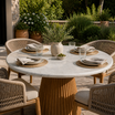 White Carrara Marble Table Top in an outdoor patio or garden dining area