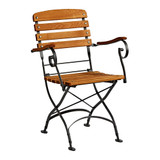 ARCH wrought iron folding garden chair, black iron frame, wooden slatted seat, teak folding garden chair