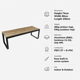 Flow Dining Table - Black Aluminium - Oak HPL Top - 230x80cm specifications: Height 74cm | Width 80cm | Length 230cm