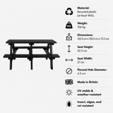 EKO - A-Frame Picnic Table - 1.5m - Black specifications: Weight 106 kg, 152.5 cm x 136.5 cm x 72.5 cm, Seat Height 42.5 cm
