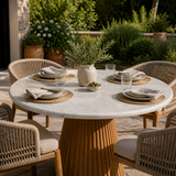 White Carrara Marble Table Top in an outdoor patio or garden dining area