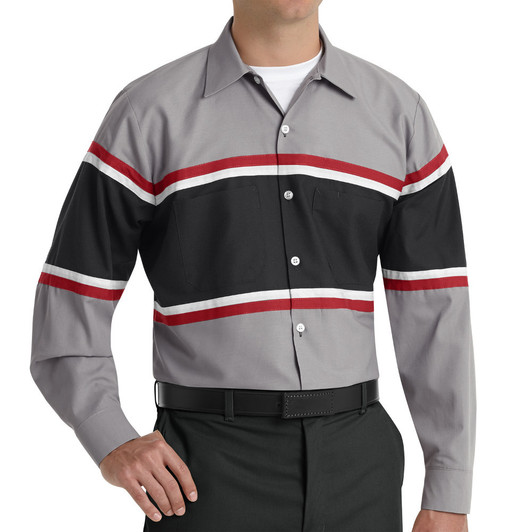 Red Kap Men's Performance Technician Shirt, Long Sleeve, Grey/Black with Red and White Striping - SP14GM