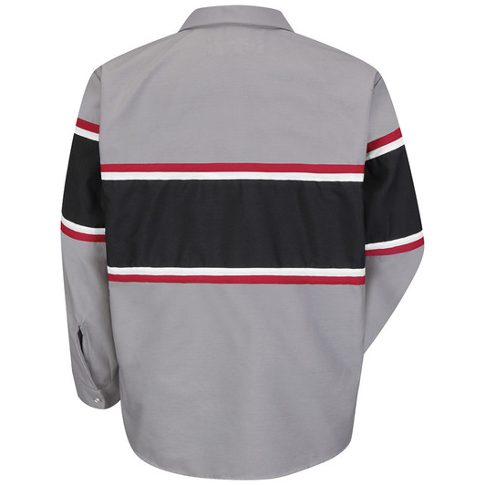 Red Kap Men's Performance Technician Shirt, Long Sleeve, Grey/Black with Red and White Striping - SP14GM, Back