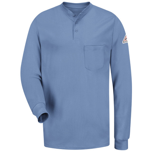 Bulwark FR Flame Resistant Long Sleeve Tagless Henley Shirt - Excel FR - SEL2 Light Blue Front View Bulwark FR Flame Resistant Long Sleeve Tagless Henley Shirt - Excel FR - SEL2 Light Blue Front View