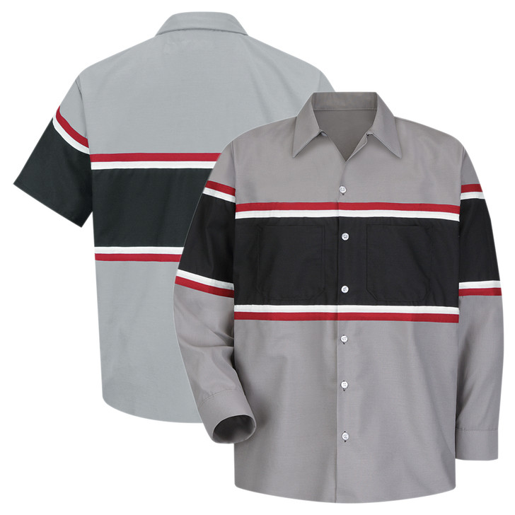Red Kap Men's Performance Technician Shirt, Short or Long Sleeve, Grey/Black with Red and White Striping - SP24GM / SP14GM