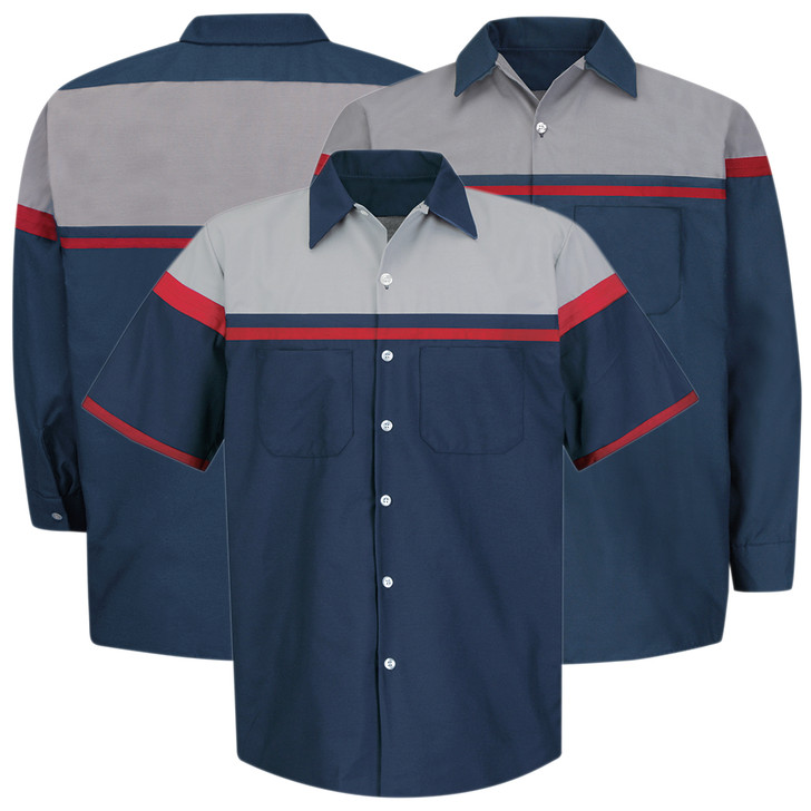 Red Kap Men's Technician Shirt, Short or Long Sleeve, Navy/Grey with Red Striping - SP24AC / SP14AC