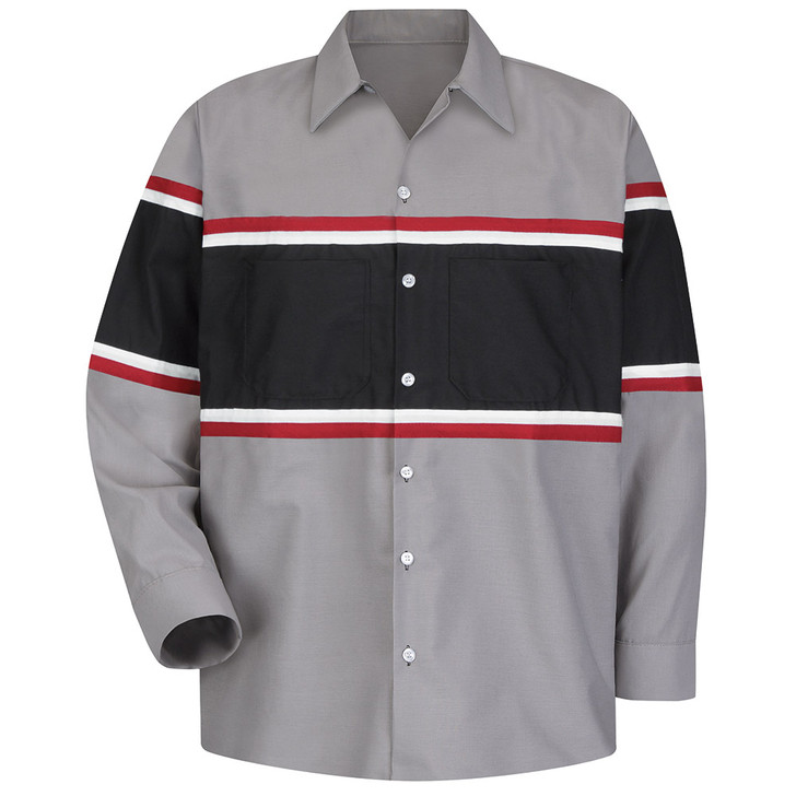 Red Kap Men's Performance Technician Shirt, Long Sleeve, Grey/Black with Red and White Striping - SP14GM