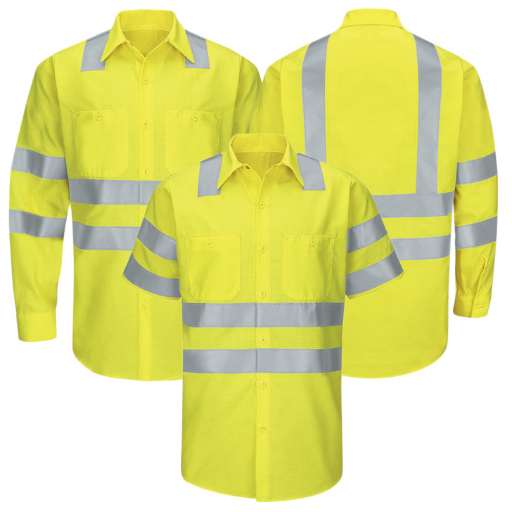 Red Kap Men's Hi-Visibility Ripstop Work Shirt Type R Class 3 - SY24AB / SY14AB Fluorescent Yellow Green