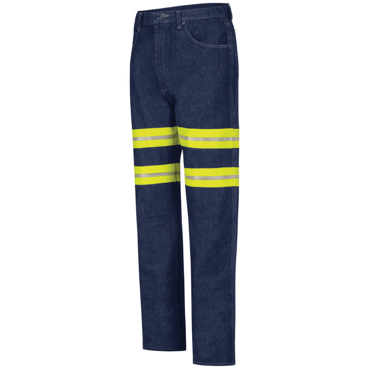 Red Kap Men's Enhanced Visibility Relaxed Fit Jean - PD60ED, Prewashed denim with Yellow/Silver Visibility Trim