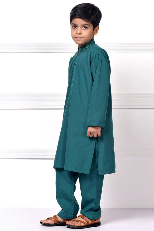 Ready to Wear Embroidered Kurta Pajama For Boys - Green - LB1595